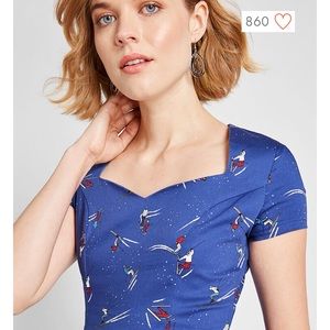 Blue Ski Print Sweetheart Neckline Dress